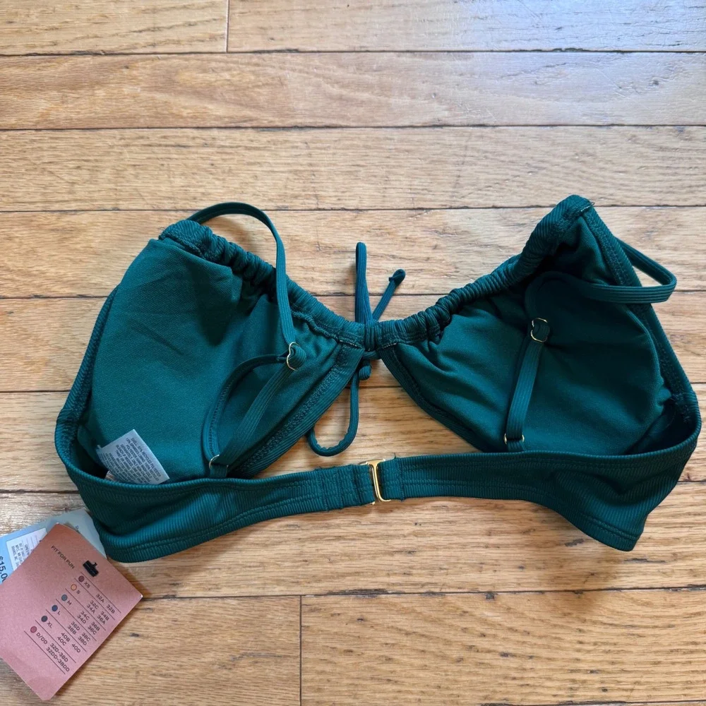 Shade & Shore Dark Green Ribbed Front Tie Bikini Top Removable Pads Medium 8-10
